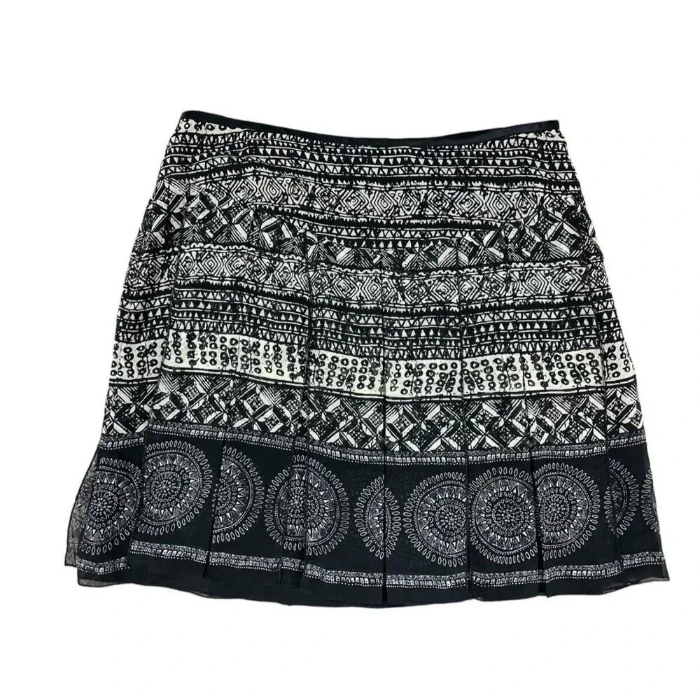 White House Black Market 100% Silk Pleated Lined Fringe Mini Skirt 10